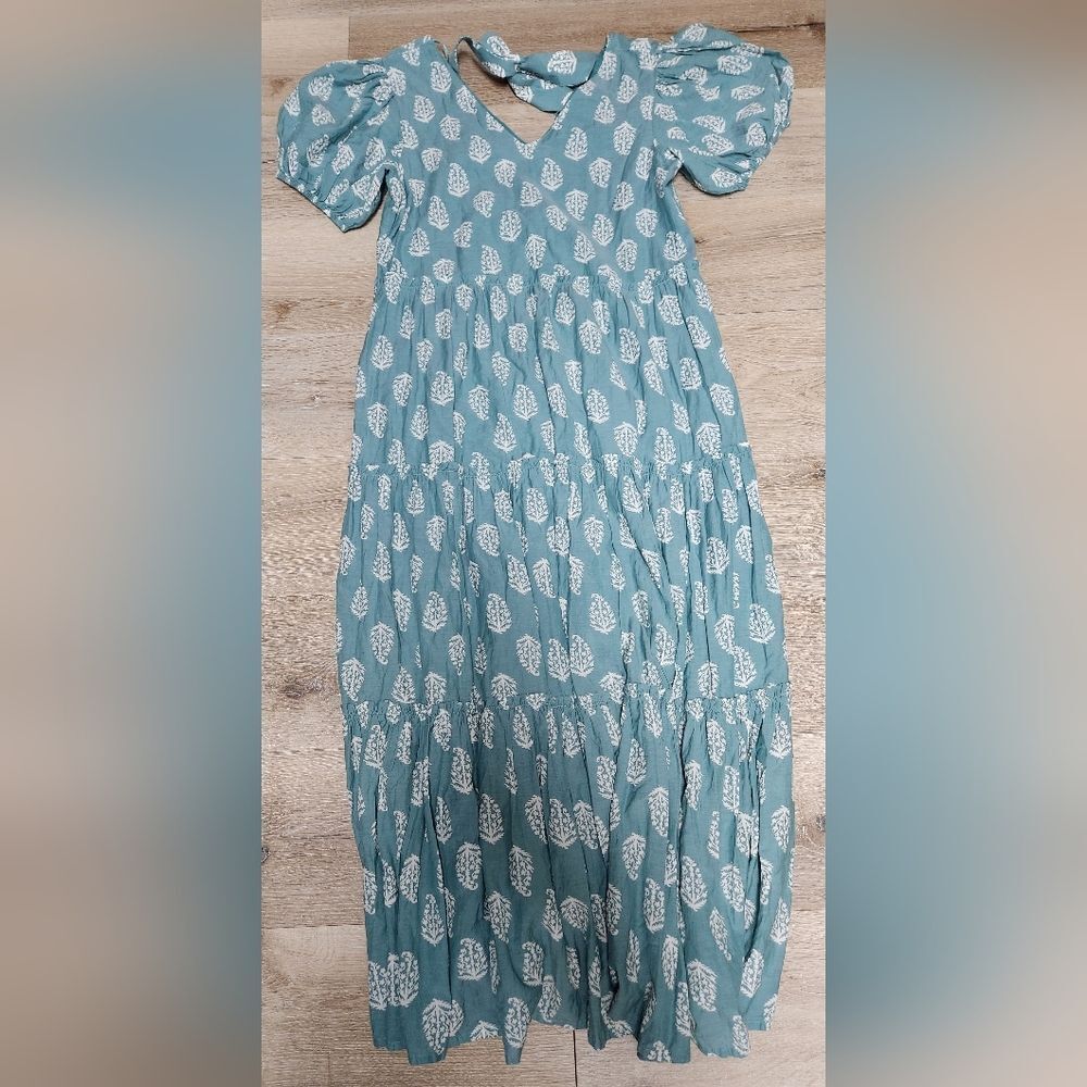 Lucky brand short puff sleeve V neck Tiered Tie Back maxi dress size M - Picture 8 of 10